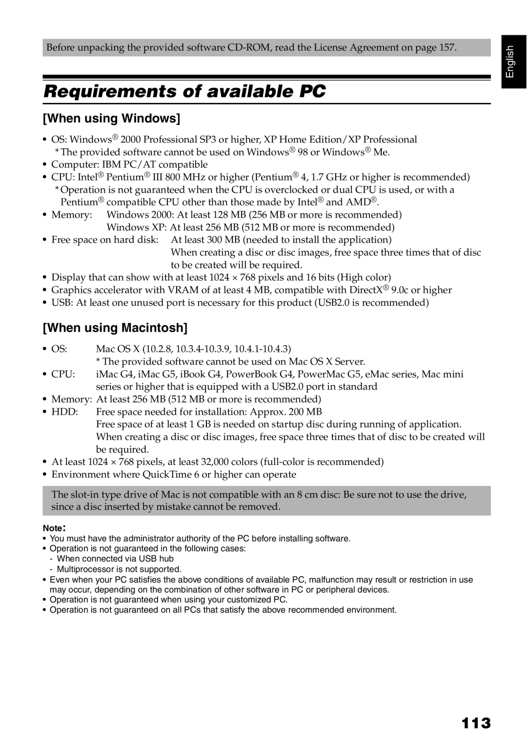 Hitachi DZ-B35A instruction manual Requirements of available PC, 113, When using Windows, When using Macintosh 