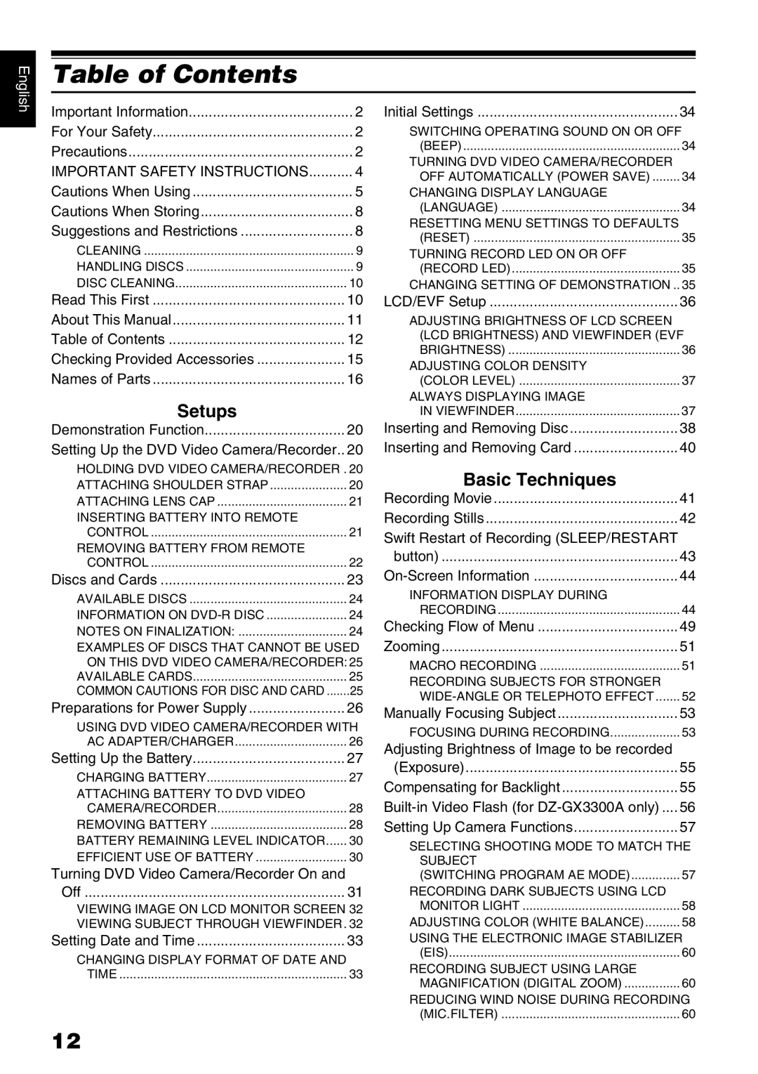 Hitachi DZ-B35A instruction manual Table of Contents 