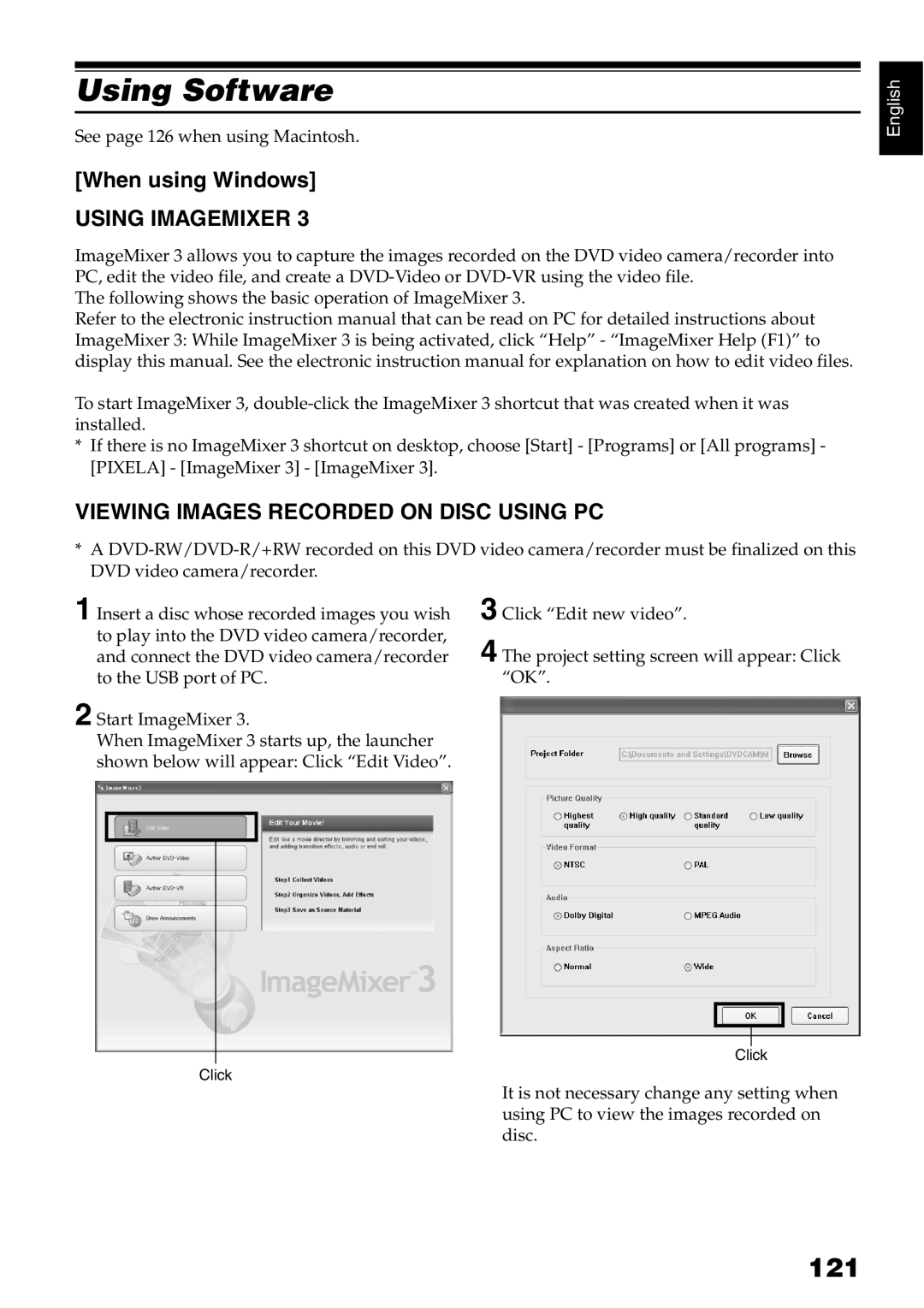 Hitachi DZ-B35A instruction manual Using Software, 121, Using Imagemixer, Viewing Images Recorded on Disc Using PC 