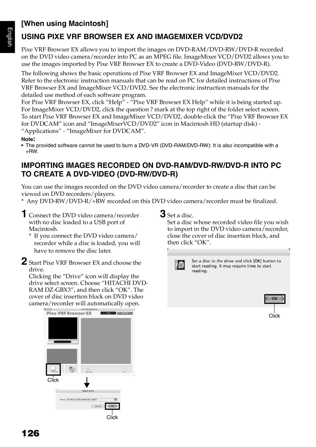 Hitachi DZ-B35A instruction manual 126, Using Pixe VRF Browser EX and Imagemixer VCD/DVD2 