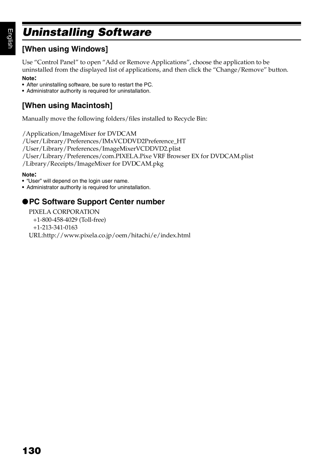 Hitachi DZ-B35A instruction manual Uninstalling Software, 130, PC Software Support Center number 