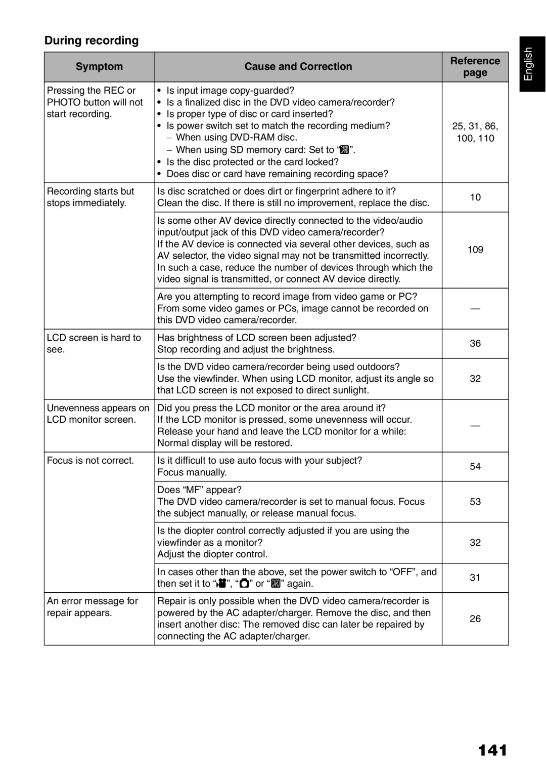 Hitachi DZ-B35A instruction manual 141, During recording, Symptom Cause and Correction, When using DVD-RAM disc 