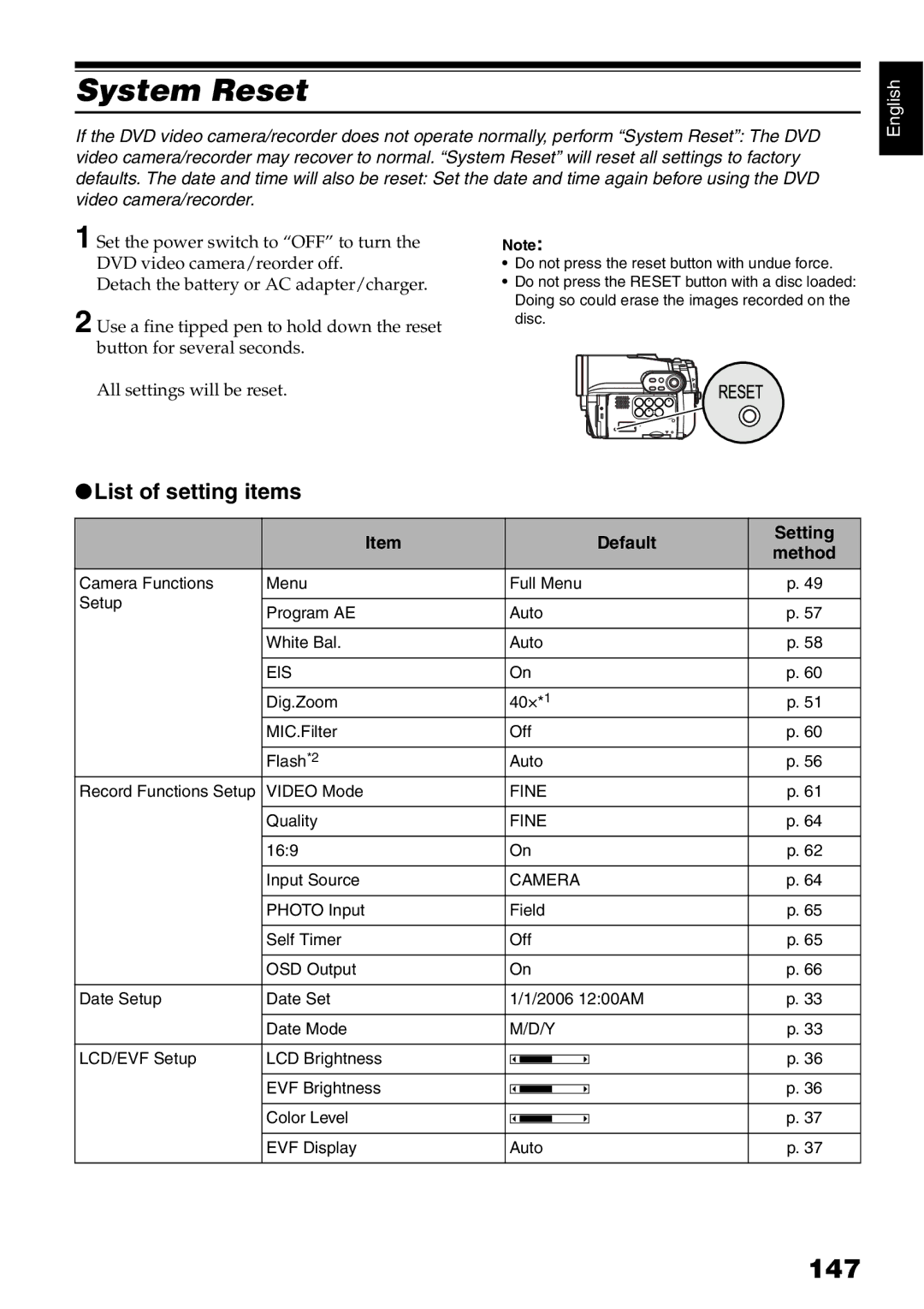 Hitachi DZ-B35A instruction manual System Reset, 147, List of setting items, Default Setting 