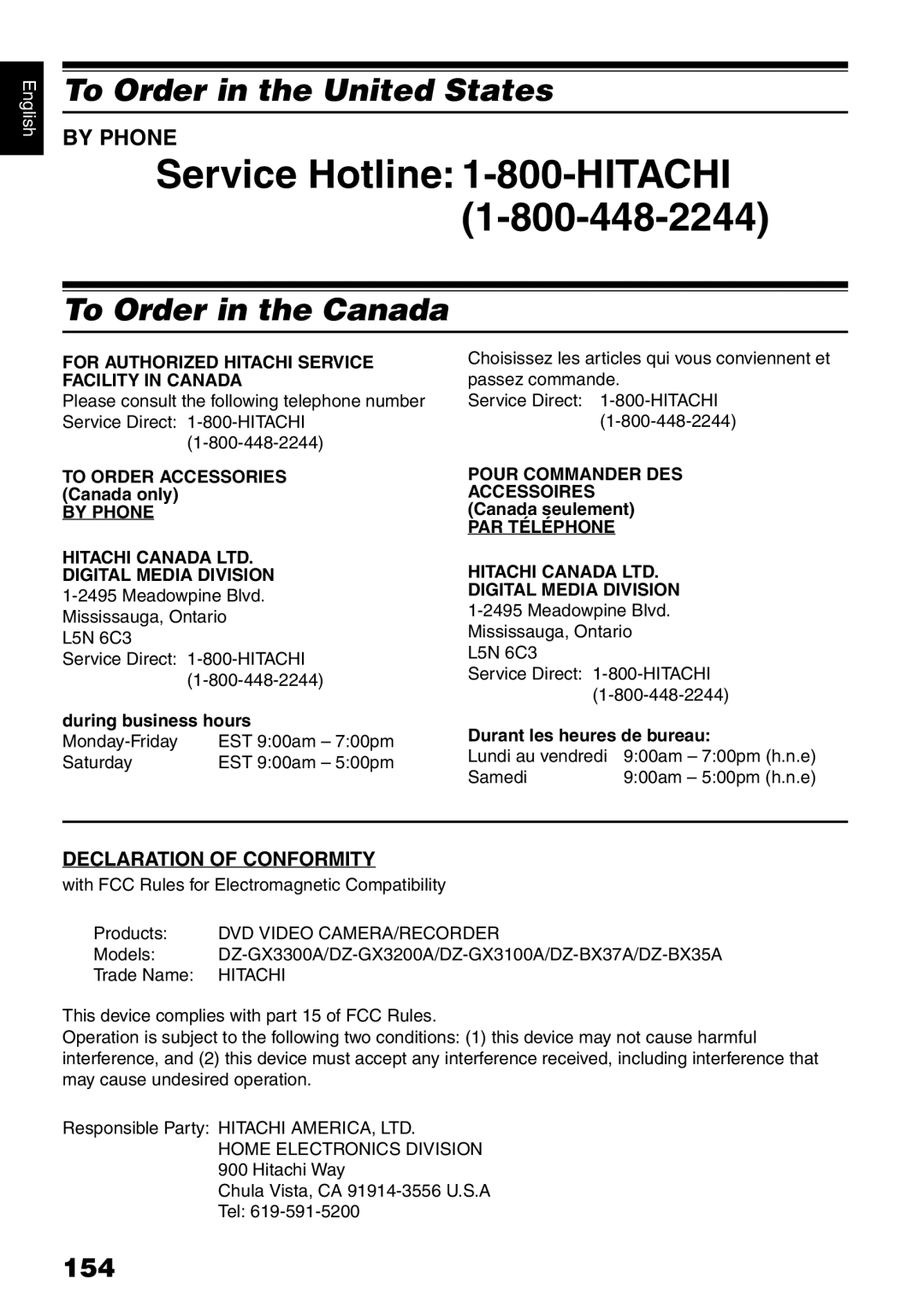 Hitachi DZ-B35A instruction manual To Order in the United States, To Order in the Canada, 154, By Phone 