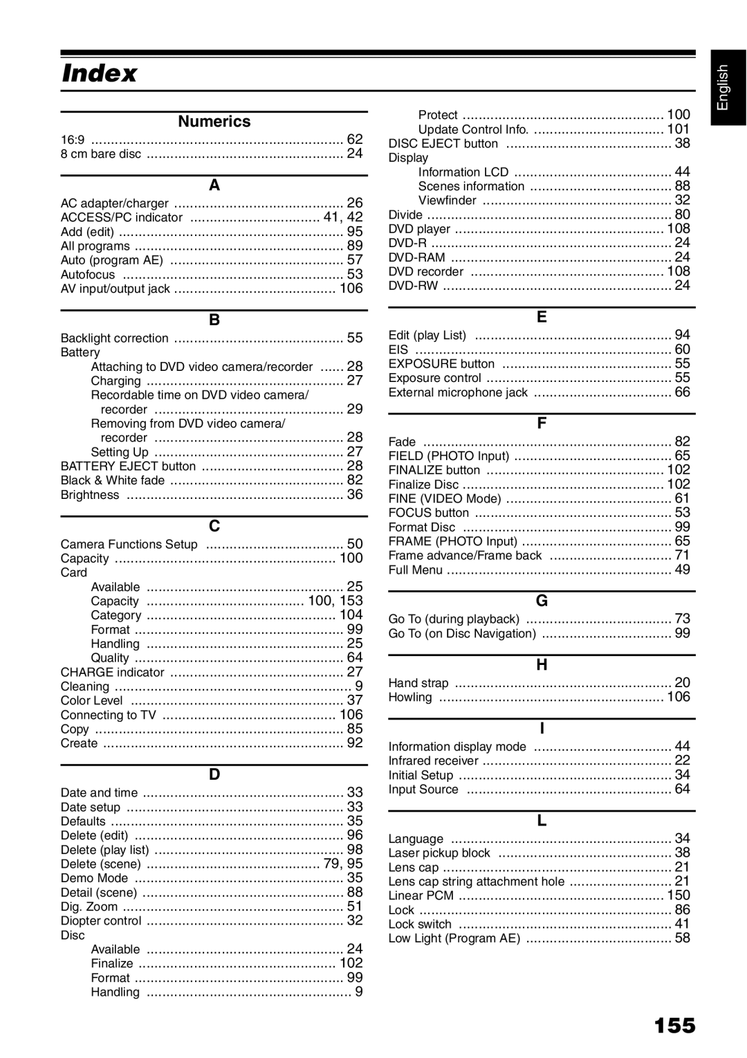 Hitachi DZ-B35A instruction manual Index, 155, Numerics 