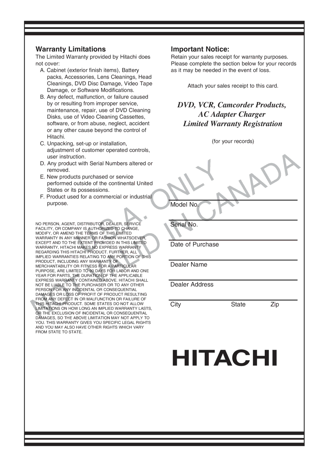 Hitachi DZ-B35A instruction manual Only, Warranty Limitations 