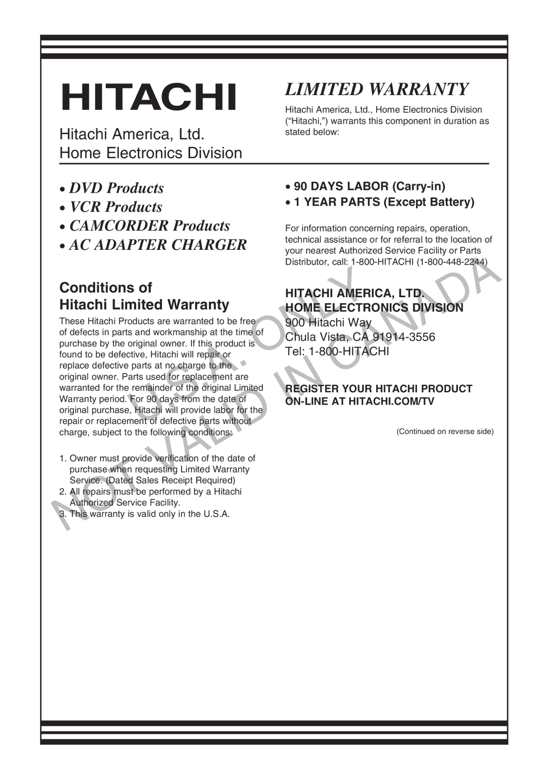 Hitachi DZ-B35A instruction manual Days Labor Carry-in, Year Parts Except Battery 