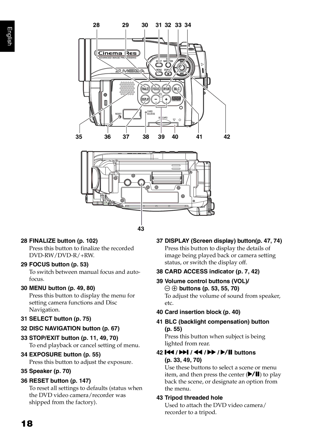 Hitachi DZ-B35A Finalize button p, Focus button p, Menu button p, Exposure button p, Speaker p Reset button p 