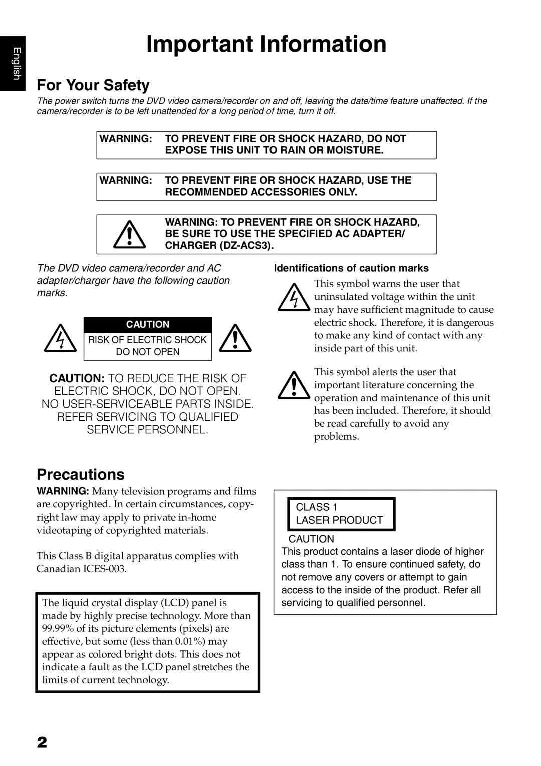 Hitachi DZ-B35A instruction manual For Your Safety, Precautions, Identifications of caution marks 