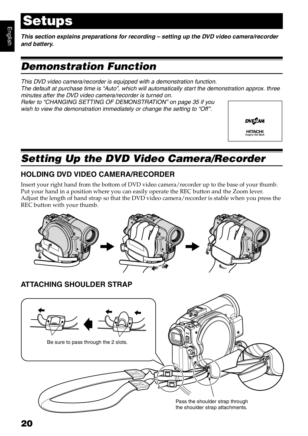 Hitachi DZ-B35A Demonstration Function, Setting Up the DVD Video Camera/Recorder, Holding DVD Video CAMERA/RECORDER 