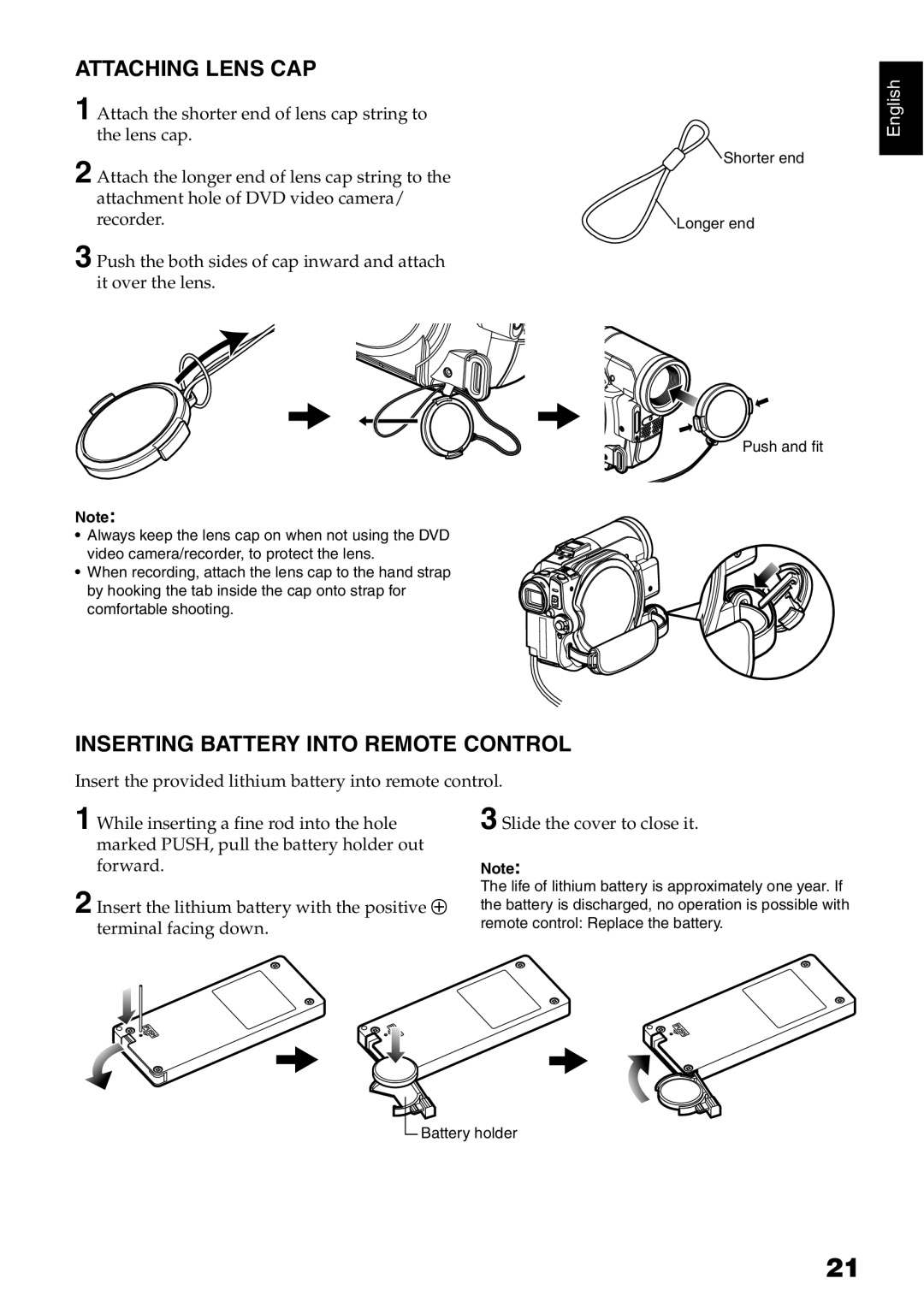 Hitachi DZ-B35A instruction manual Attaching Lens CAP, Inserting Battery Into Remote Control 