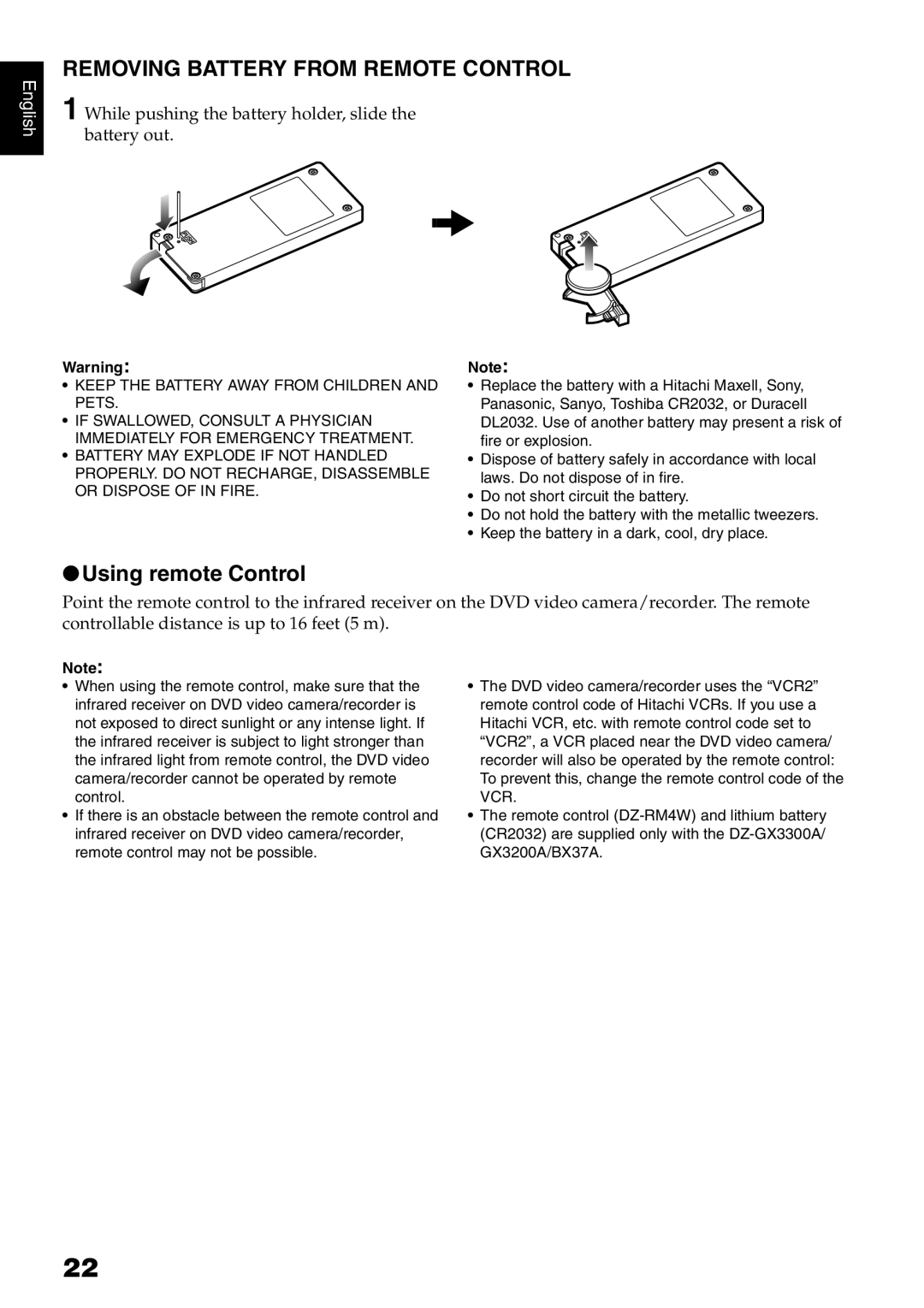 Hitachi DZ-B35A instruction manual Removing Battery from Remote Control, Using remote Control 