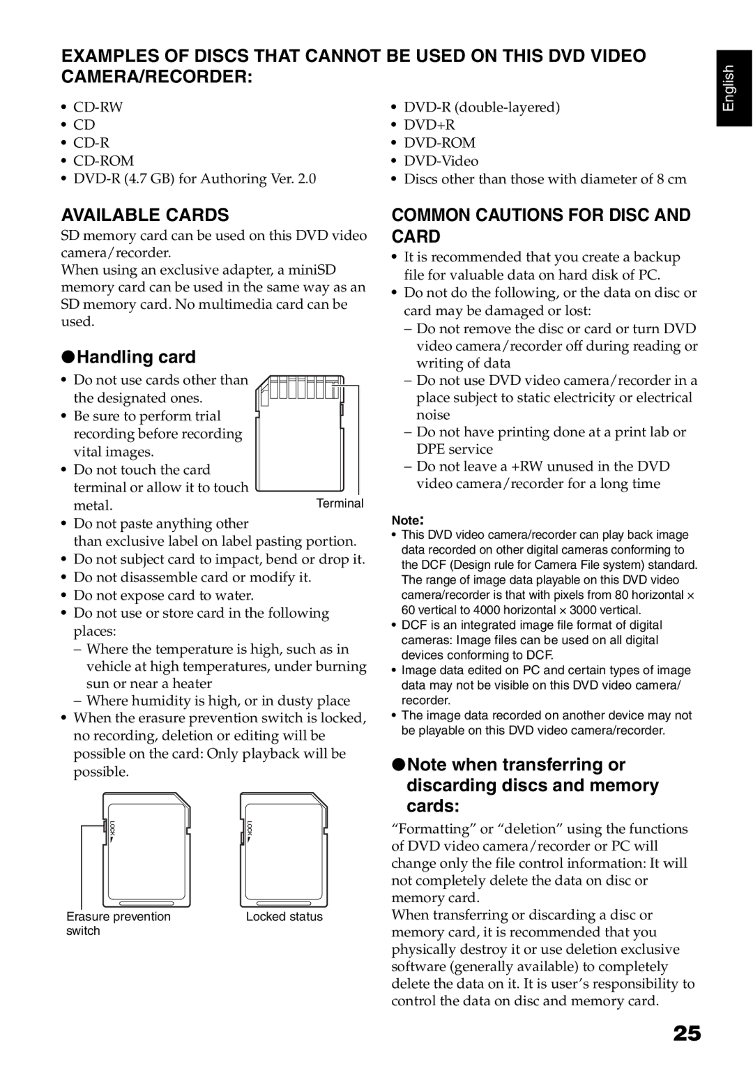 Hitachi DZ-B35A instruction manual Available Cards, Handling card, Common Cautions for Disc and Card 