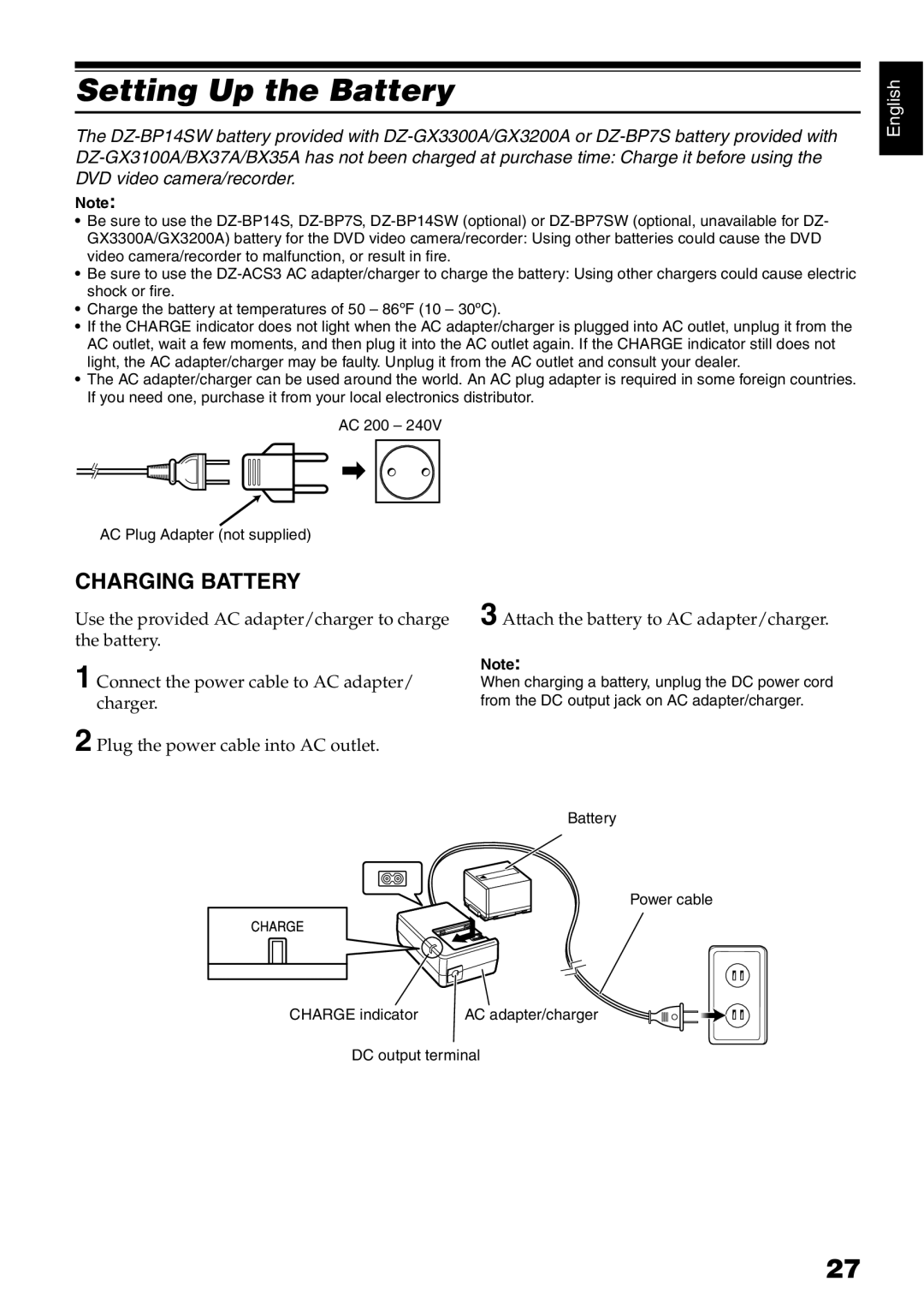 Hitachi DZ-B35A instruction manual Setting Up the Battery, Charging Battery 