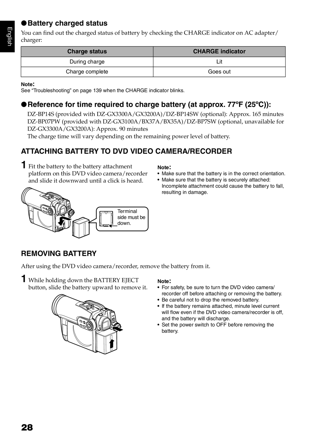 Hitachi DZ-B35A instruction manual Battery charged status, Attaching Battery to DVD Video CAMERA/RECORDER, Removing Battery 