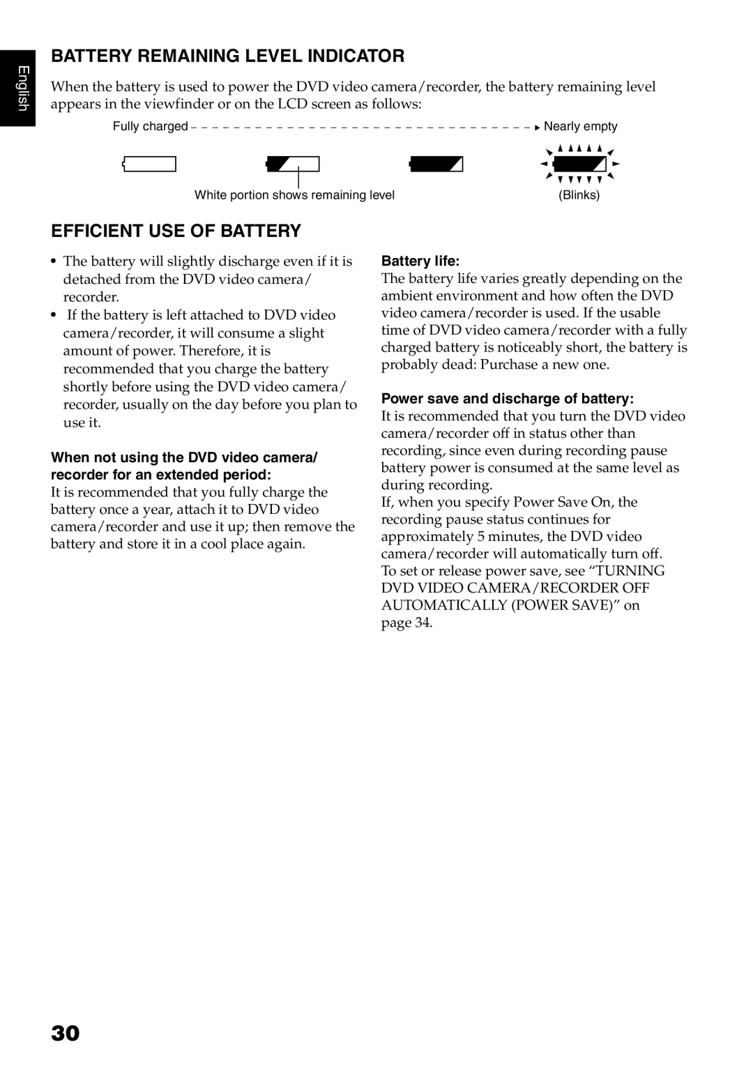 Hitachi DZ-B35A instruction manual Battery Remaining Level Indicator, Efficient USE of Battery, Battery life 