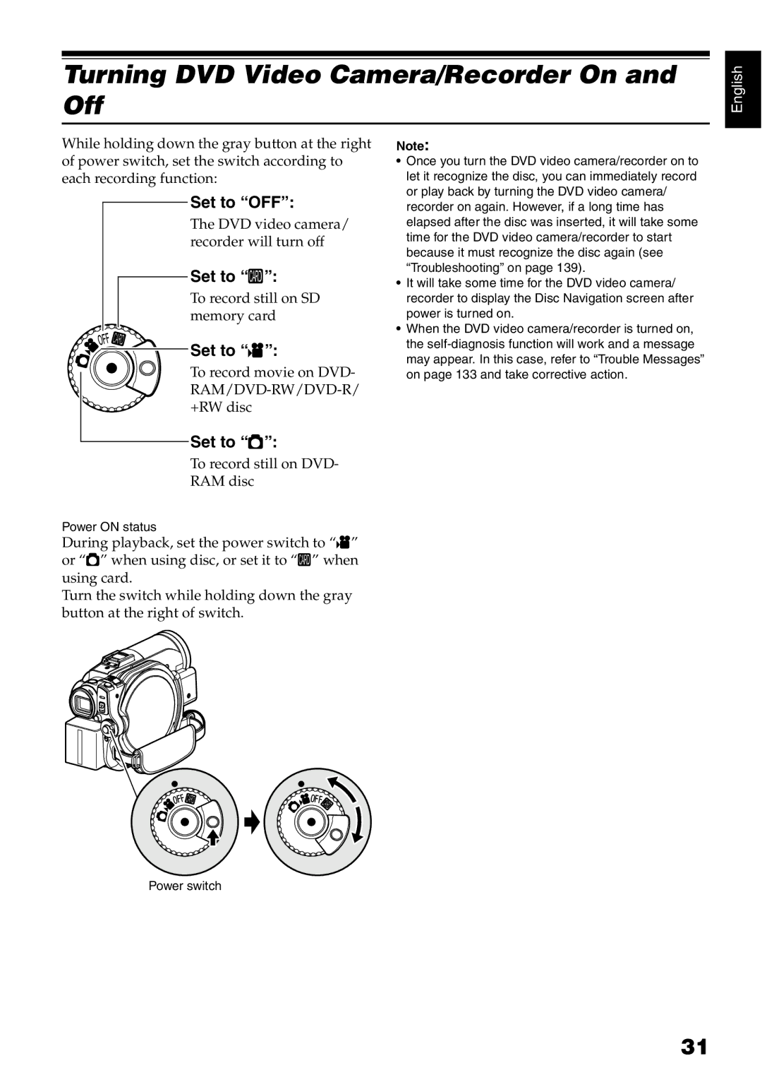 Hitachi DZ-B35A instruction manual Turning DVD Video Camera/Recorder On and Off, Set to OFF, Set to P, Set to N 