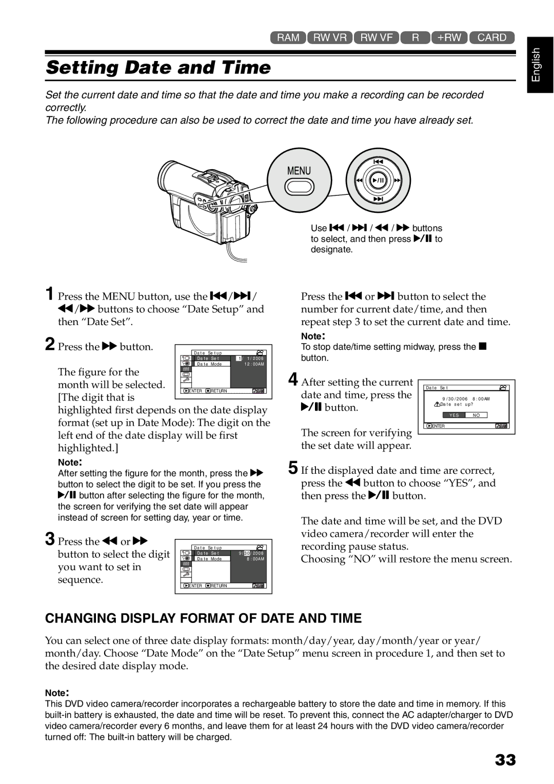 Hitachi DZ-B35A instruction manual Setting Date and Time, Changing Display Format of Date and Time 