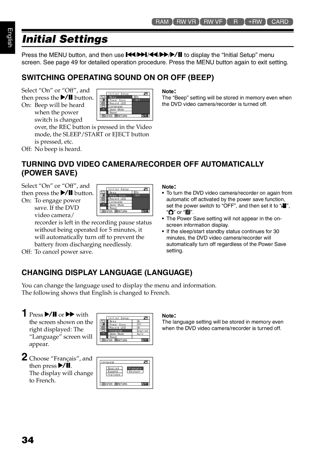 Hitachi DZ-B35A Initial Settings, Switching Operating Sound on or OFF Beep, Changing Display Language Language 