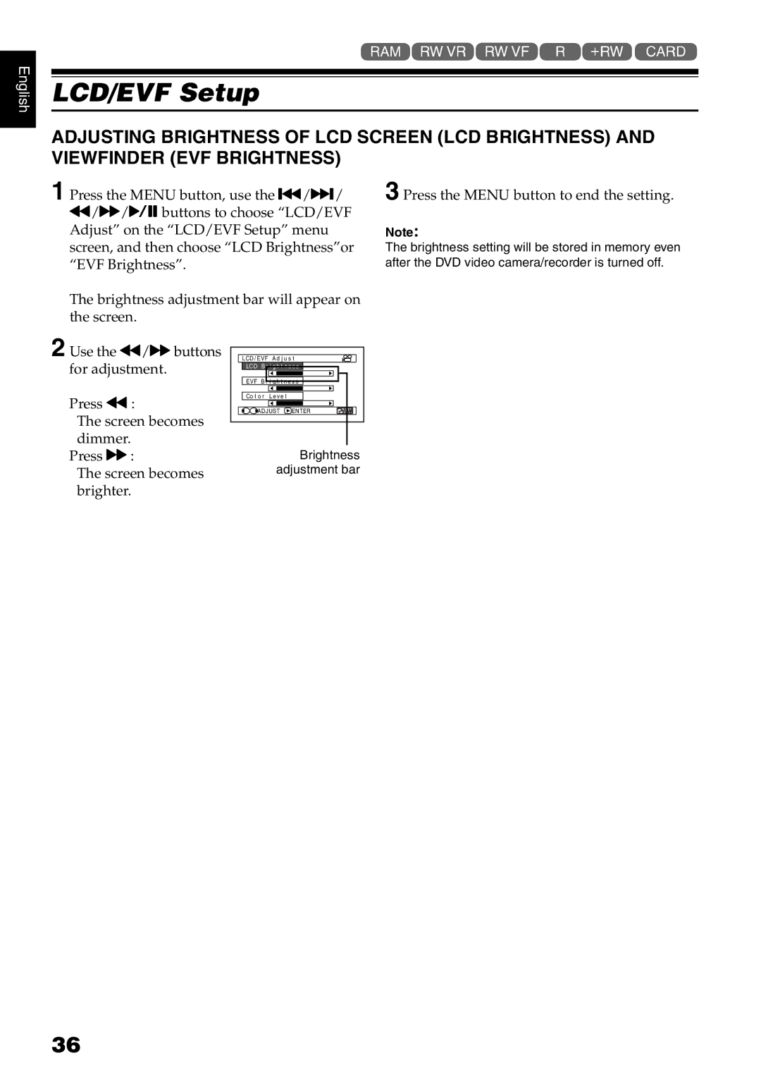 Hitachi DZ-B35A instruction manual LCD/EVF Setup 