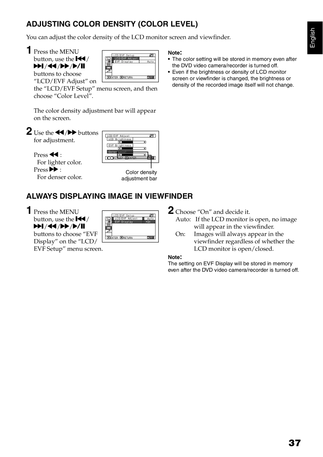 Hitachi DZ-B35A instruction manual Adjusting Color Density Color Level, Always Displaying Image in Viewfinder 