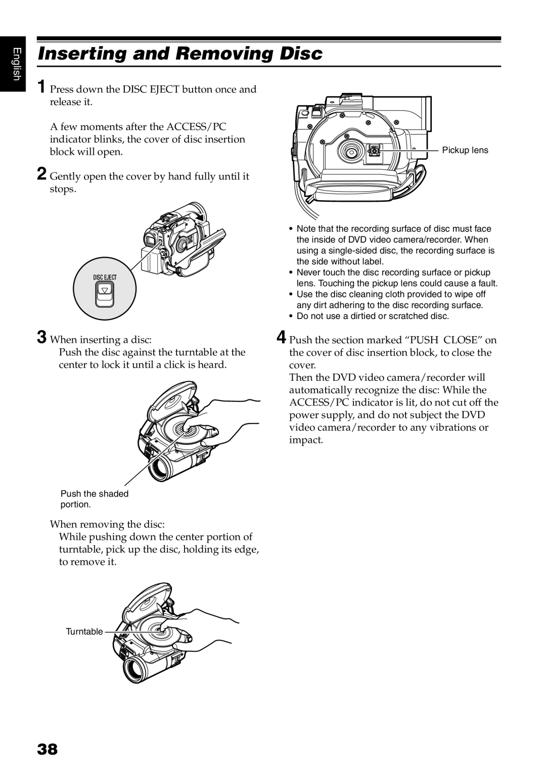 Hitachi DZ-B35A instruction manual Inserting and Removing Disc, Turntable 