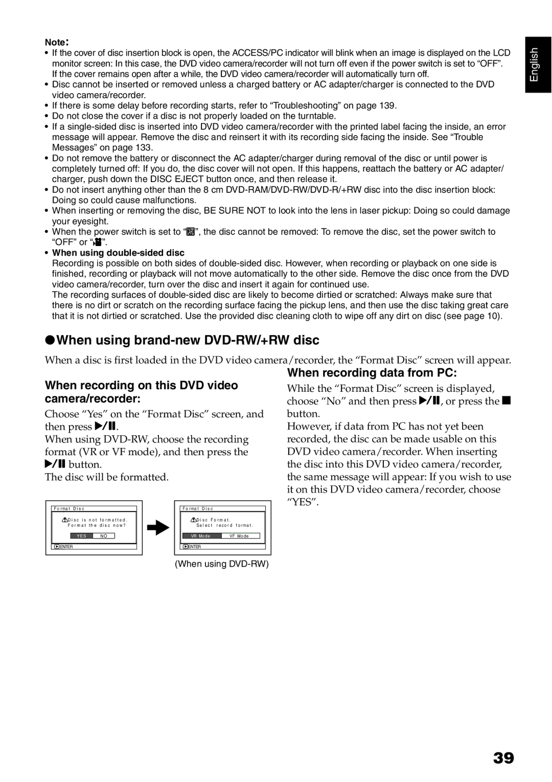 Hitachi DZ-B35A instruction manual When using brand-new DVD-RW/+RW disc, When recording on this DVD video camera/recorder 