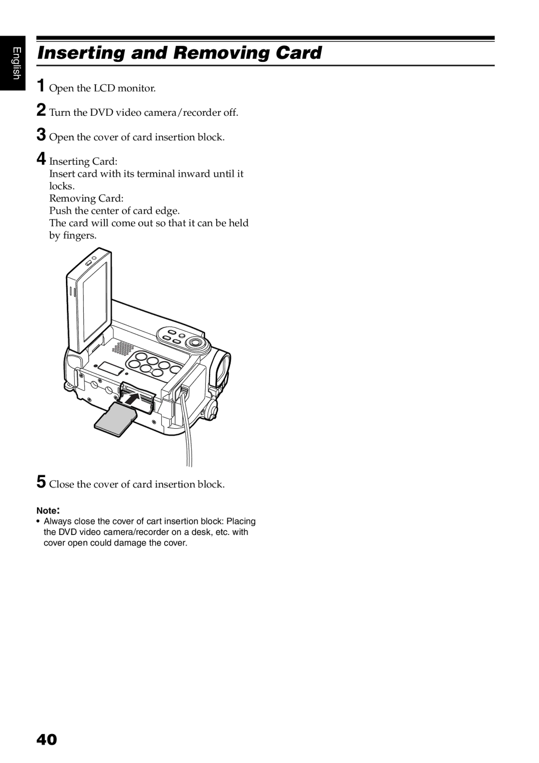 Hitachi DZ-B35A instruction manual Inserting and Removing Card 