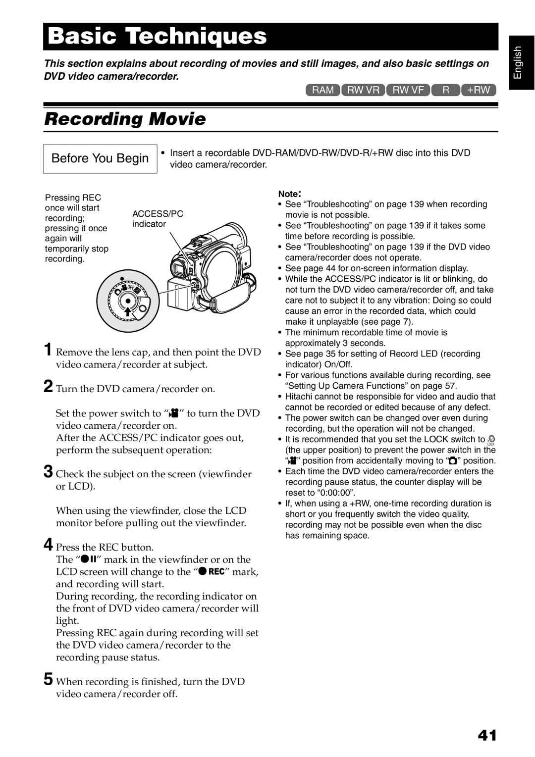 Hitachi DZ-B35A instruction manual Recording Movie, Video camera/recorder 