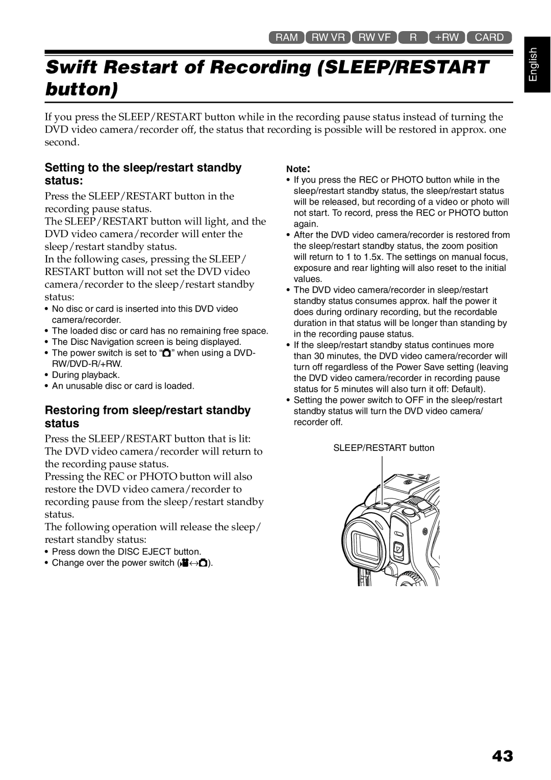 Hitachi DZ-B35A Swift Restart of Recording SLEEP/RESTART button, Setting to the sleep/restart standby status 