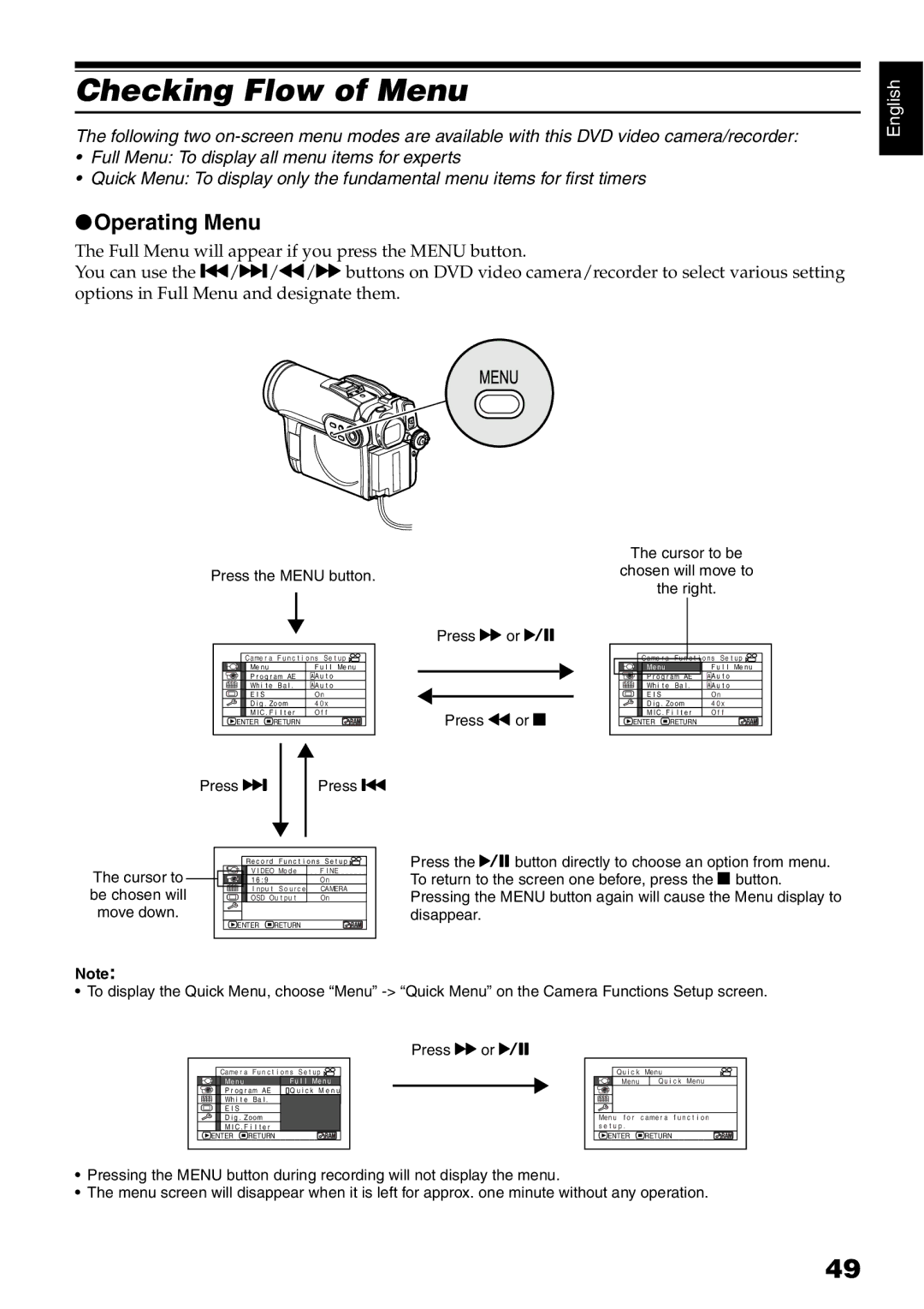 Hitachi DZ-B35A instruction manual Checking Flow of Menu, Operating Menu 