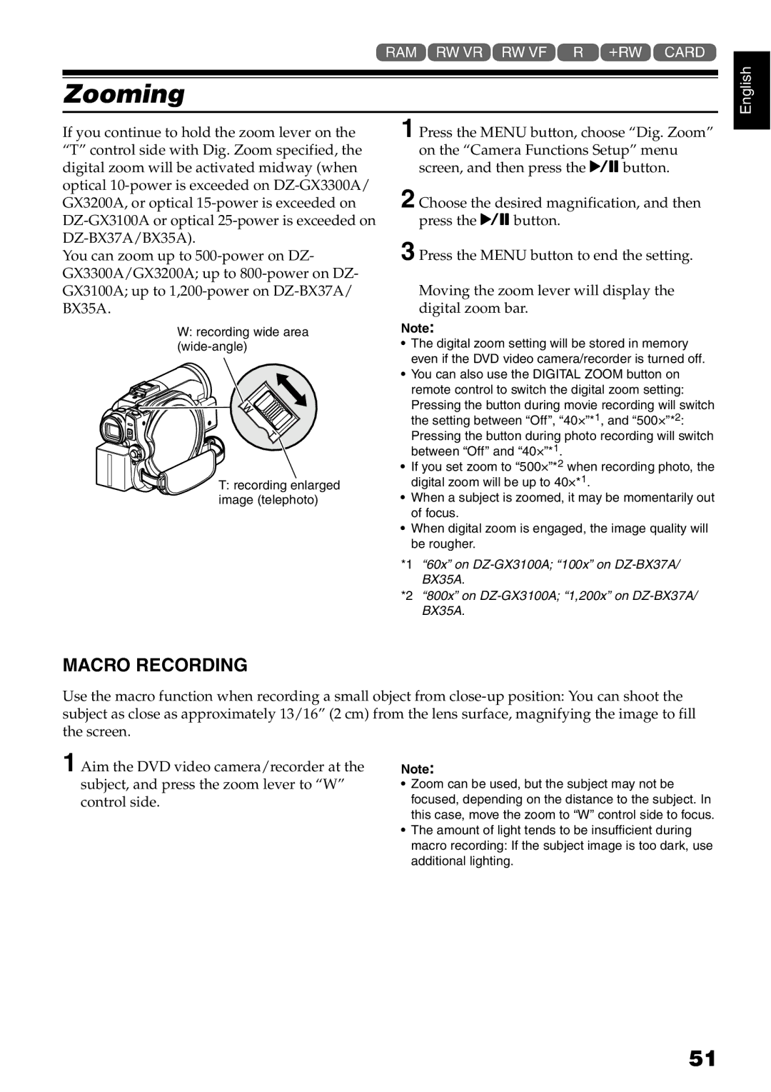 Hitachi DZ-B35A instruction manual Zooming, Macro Recording 