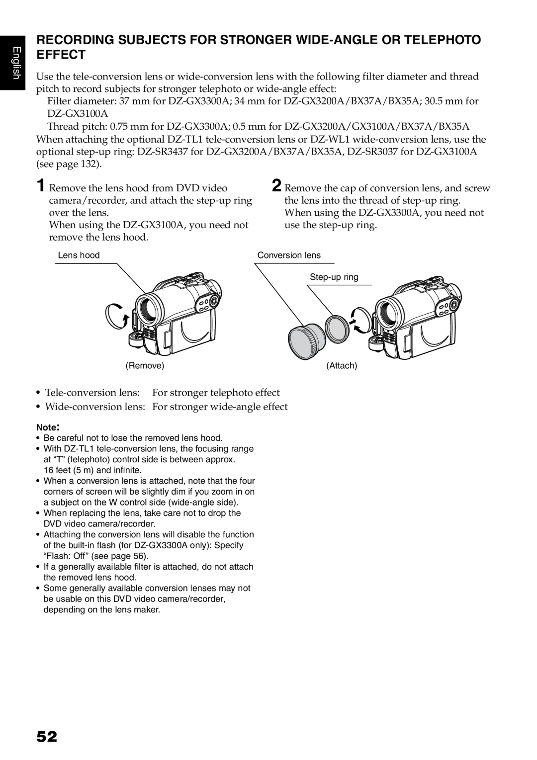 Hitachi DZ-B35A instruction manual Lens hood Conversion lens Step-up ring Remove Attach 