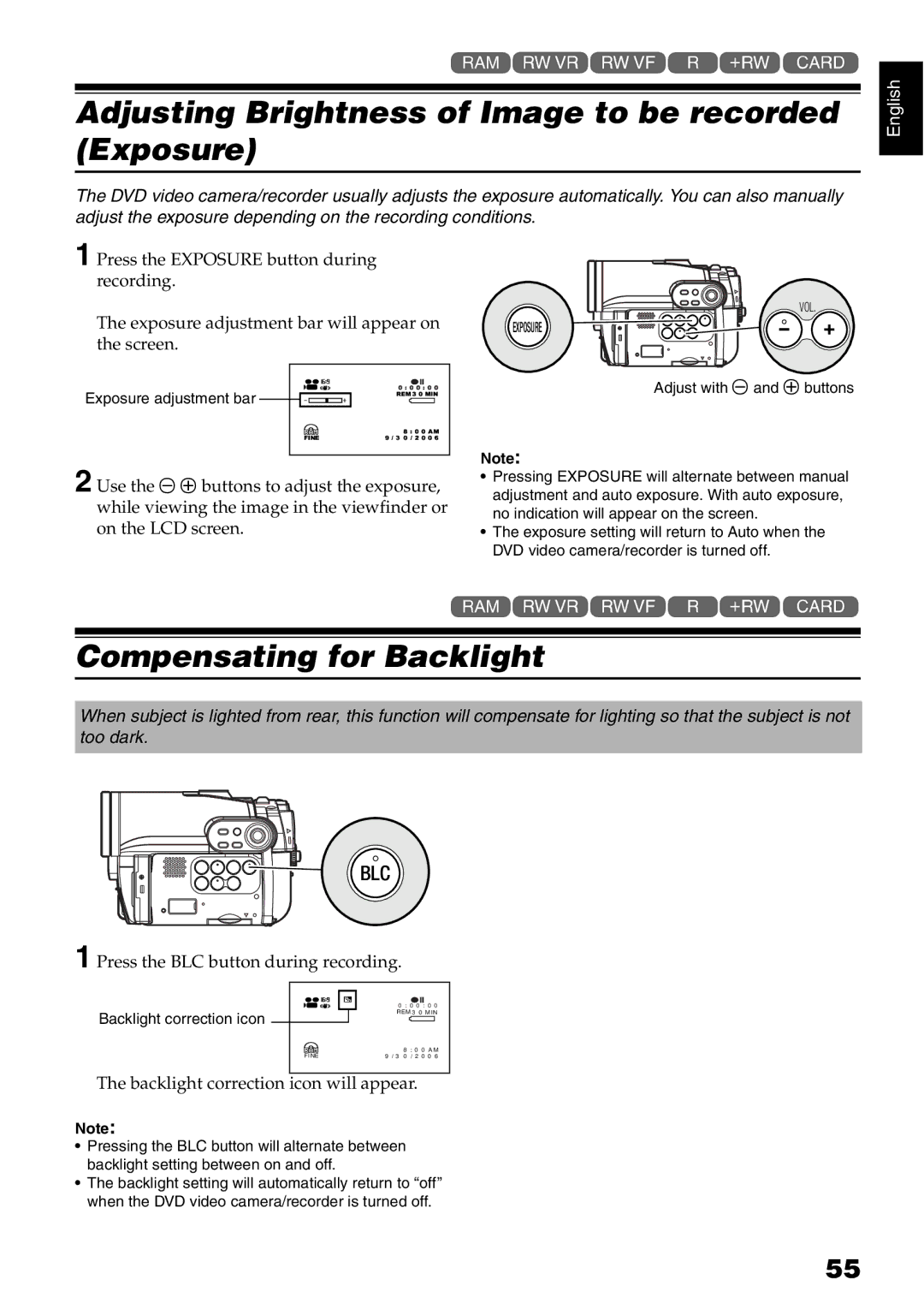 Hitachi DZ-B35A instruction manual Adjusting Brightness of Image to be recorded Exposure, Compensating for Backlight 