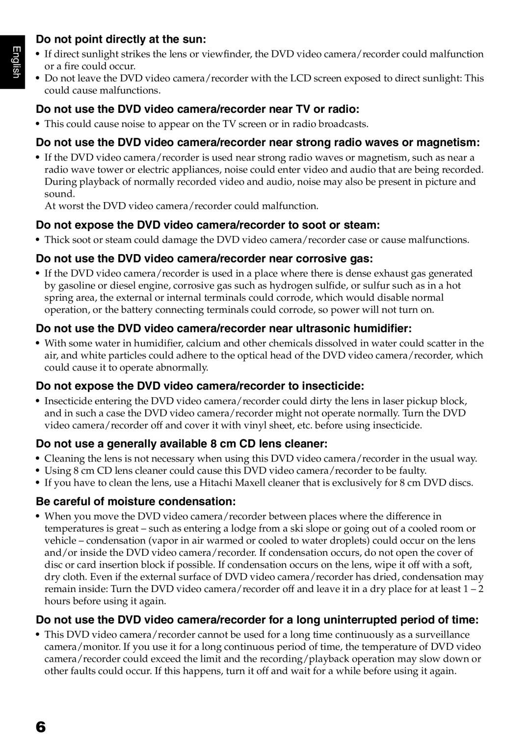 Hitachi DZ-B35A Do not point directly at the sun, Do not use the DVD video camera/recorder near TV or radio 