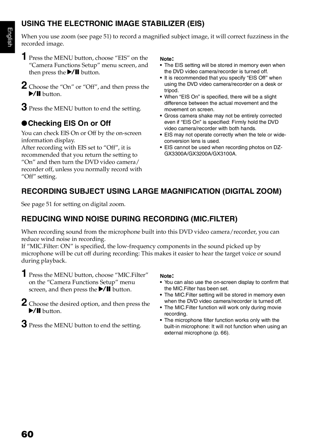 Hitachi DZ-B35A instruction manual Using the Electronic Image Stabilizer EIS, Checking EIS On or Off 