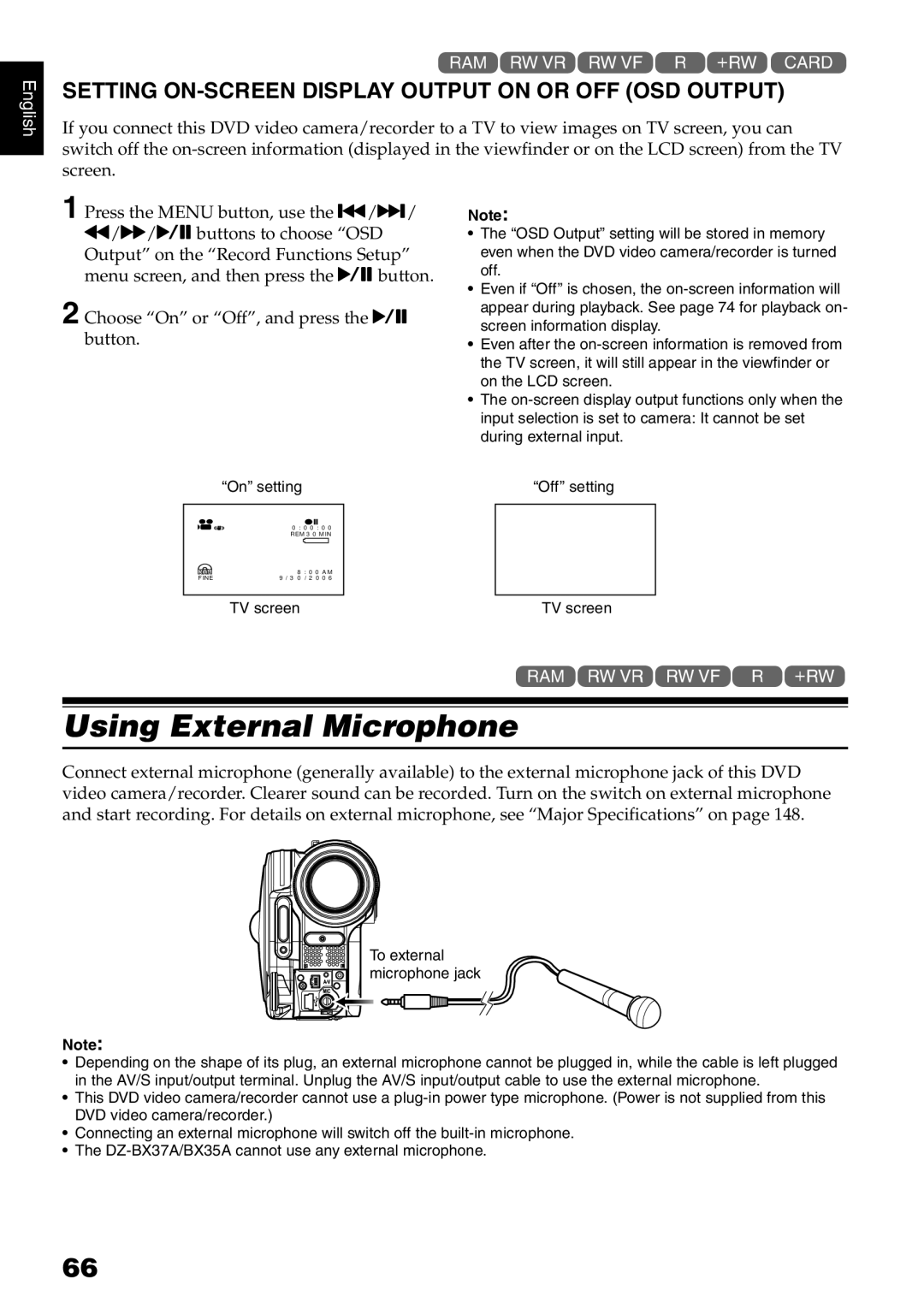 Hitachi DZ-B35A instruction manual Using External Microphone, Setting ON-SCREEN Display Output on or OFF OSD Output 