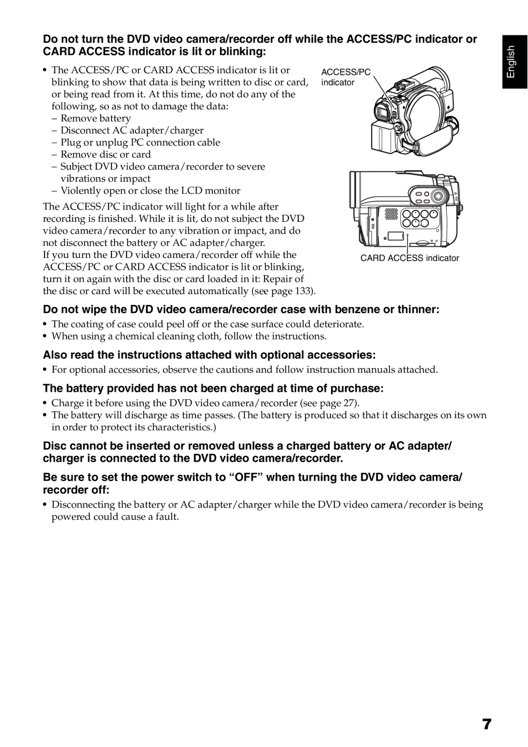 Hitachi DZ-B35A instruction manual ACCESS/PC indicator Card Access indicator 