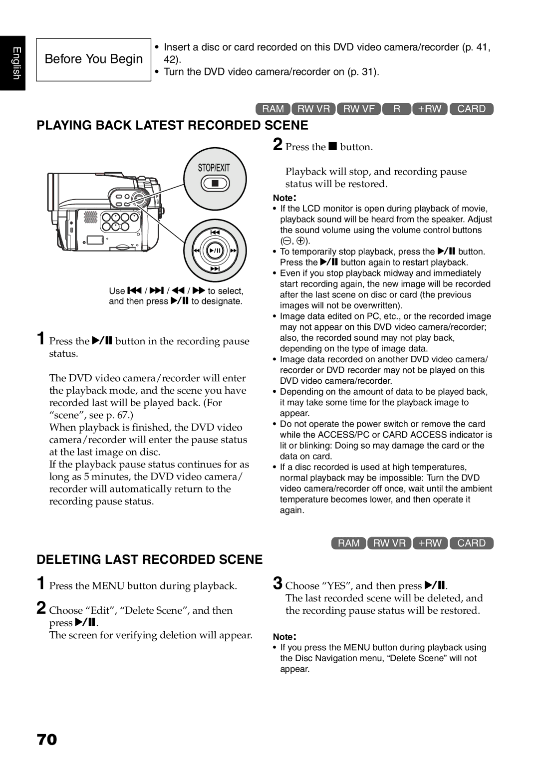 Hitachi DZ-B35A instruction manual Playing Back Latest Recorded Scene, Deleting Last Recorded Scene 