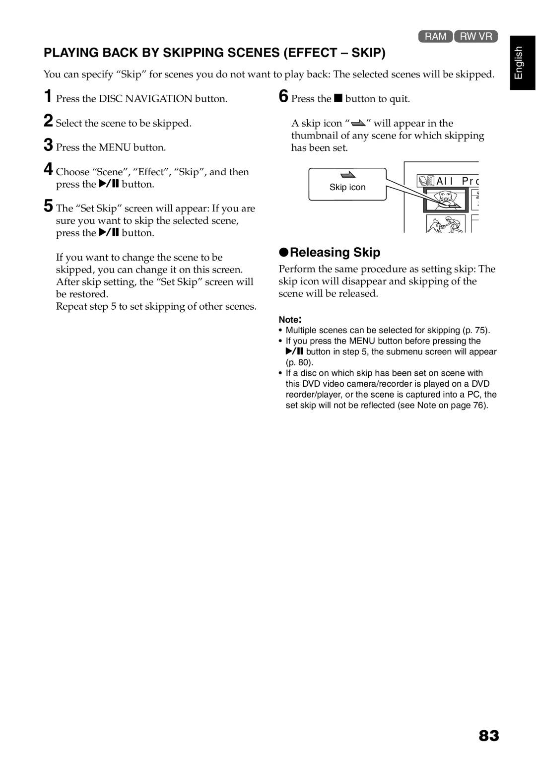 Hitachi DZ-B35A instruction manual Playing Back by Skipping Scenes Effect Skip, Releasing Skip 