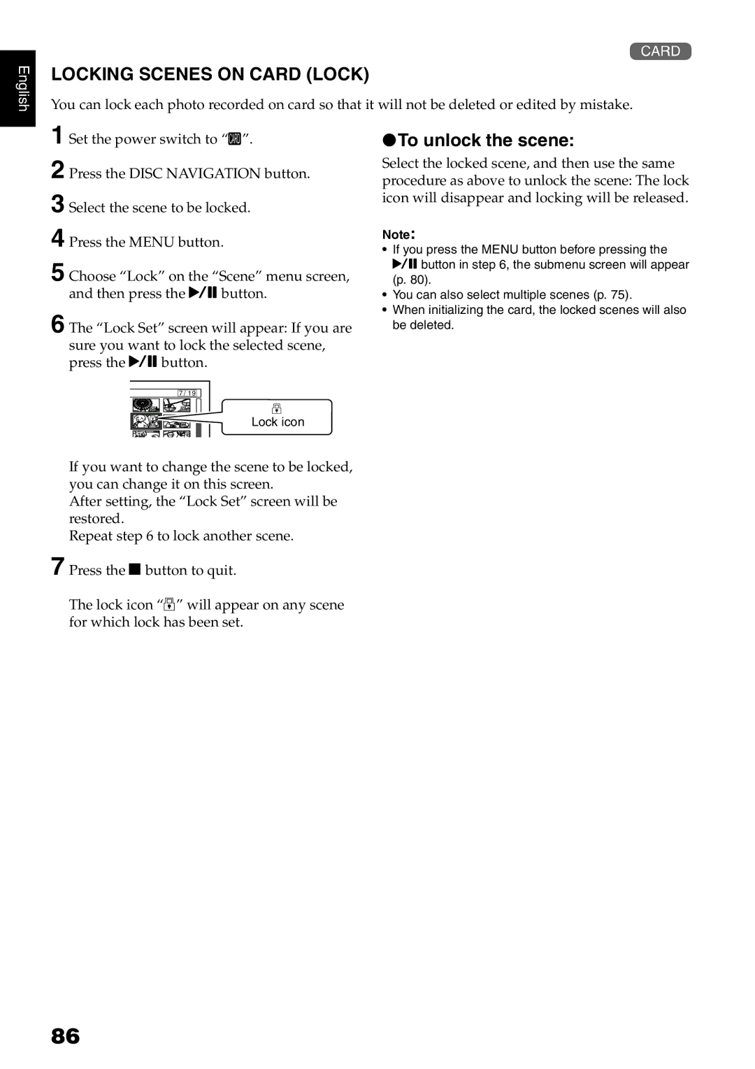 Hitachi DZ-B35A instruction manual Locking Scenes on Card Lock, To unlock the scene 