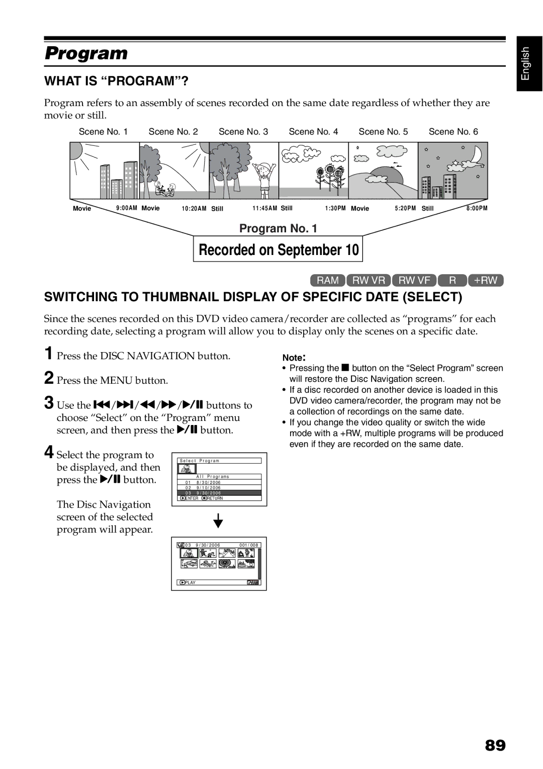 Hitachi DZ-B35A instruction manual Program, What is PROGRAM?, Switching to Thumbnail Display of Specific Date Select 