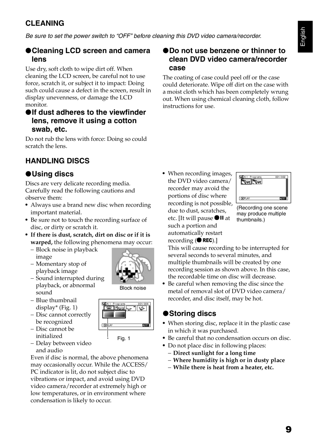 Hitachi DZ-B35A instruction manual Cleaning LCD screen and camera lens, Handling Discs, Using discs, Storing discs 