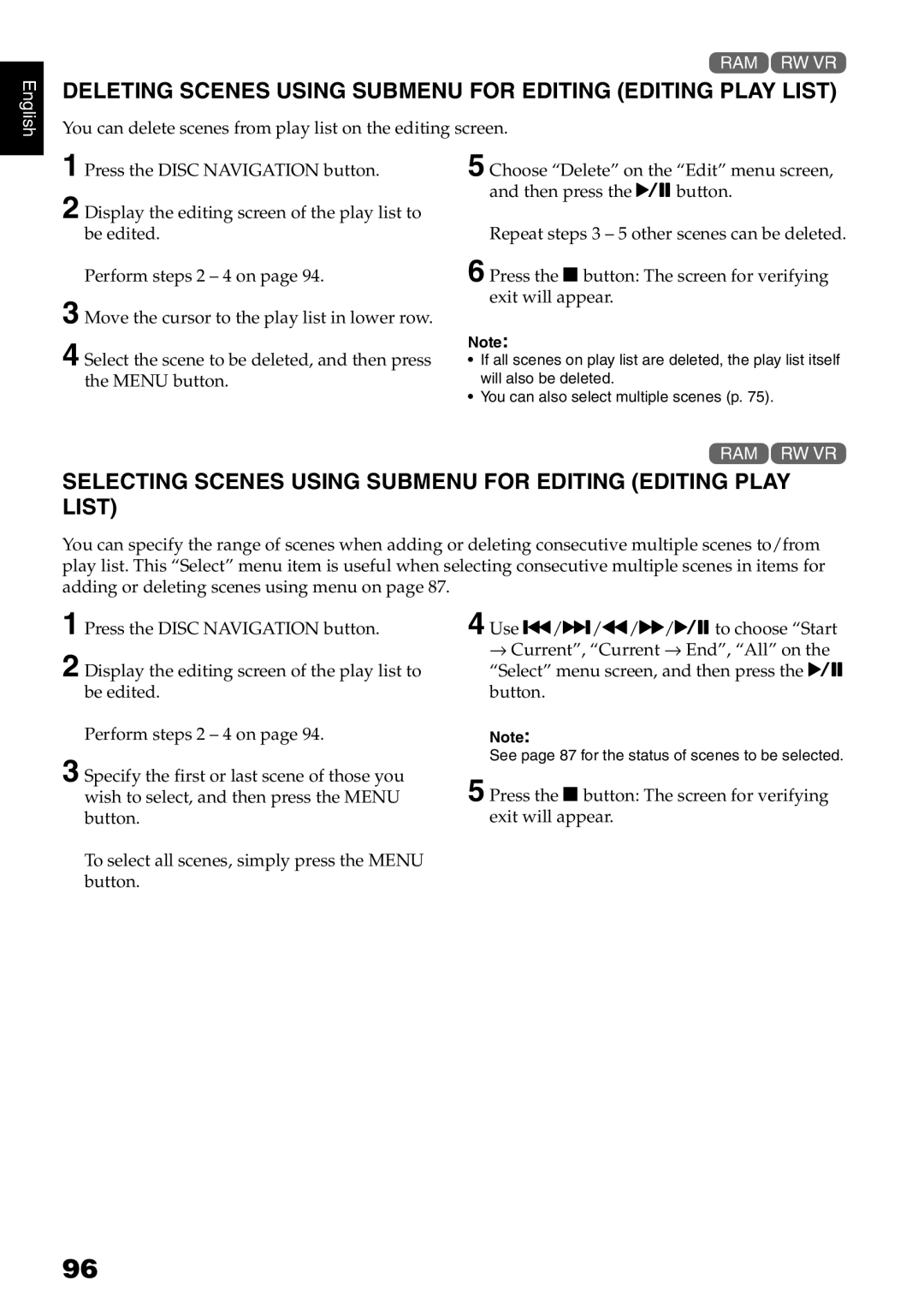 Hitachi DZ-B35A instruction manual Deleting Scenes Using Submenu for Editing Editing Play List 