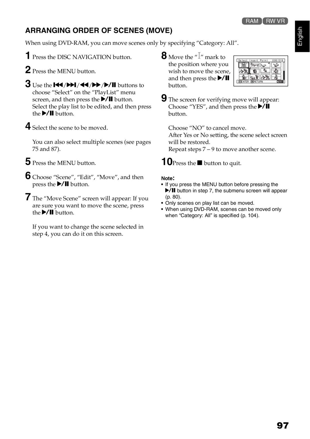 Hitachi DZ-B35A instruction manual Arranging Order of Scenes Move 