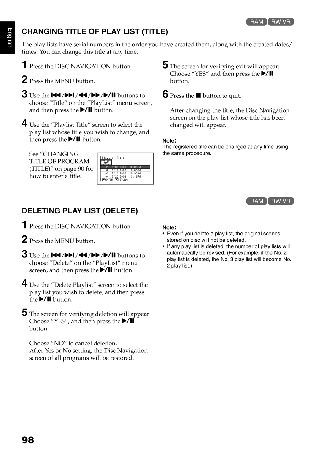 Hitachi DZ-B35A instruction manual Changing Title of Play List Title, Deleting Play List Delete 