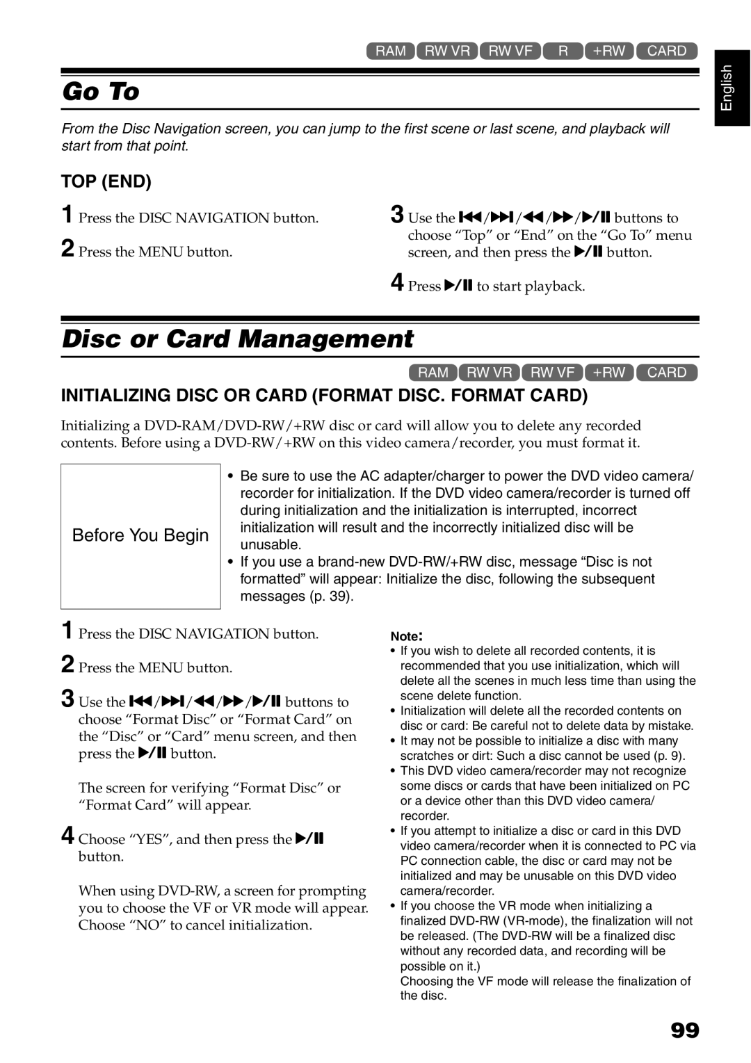 Hitachi DZ-B35A Go To, Disc or Card Management, Top End, Initializing Disc or Card Format DISC. Format Card 