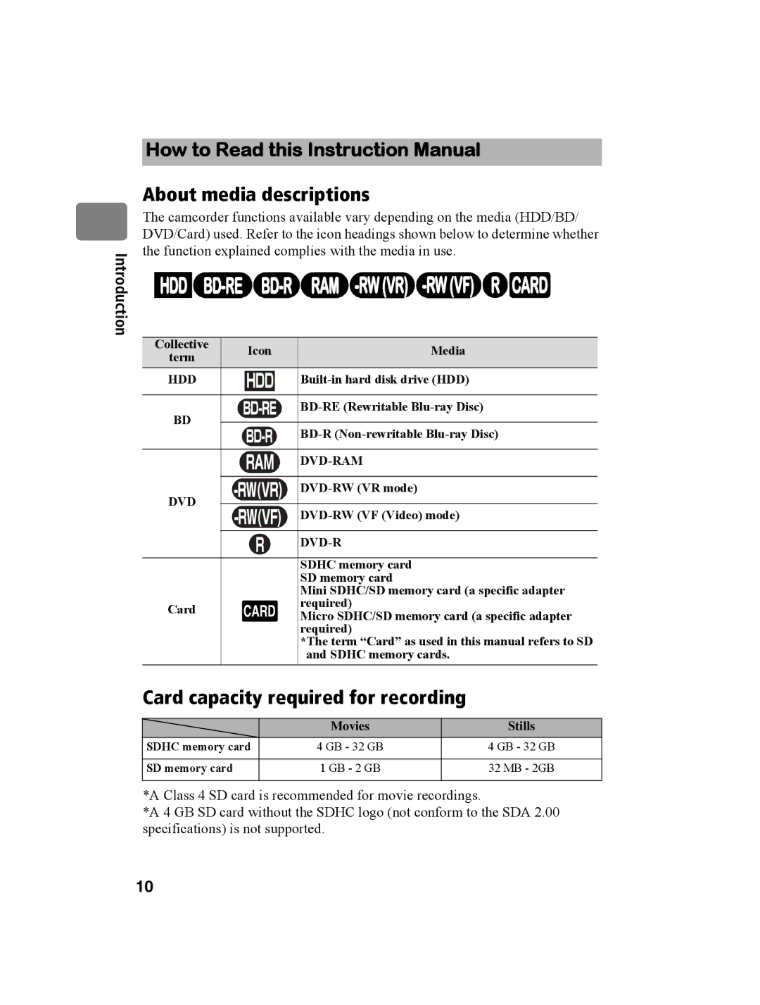 Hitachi DZ-BD10HA instruction manual About media descriptions, Card capacity required for recording 