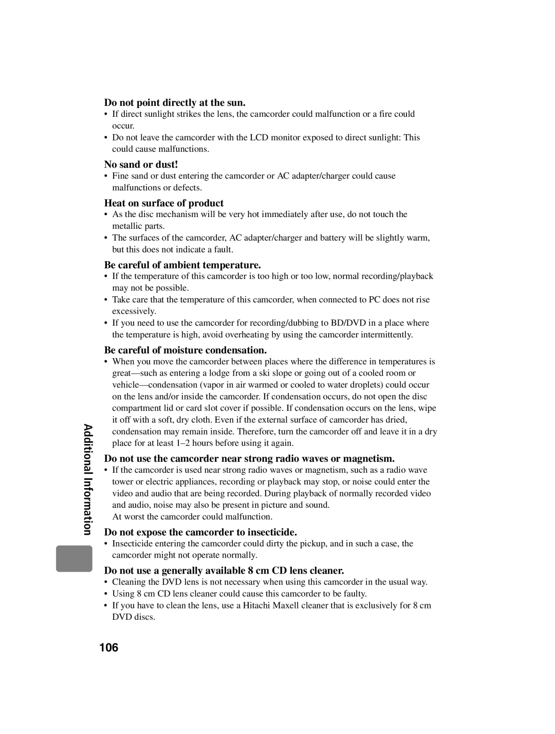 Hitachi DZ-BD10HA instruction manual Do not point directly at the sun, No sand or dust, Heat on surface of product 