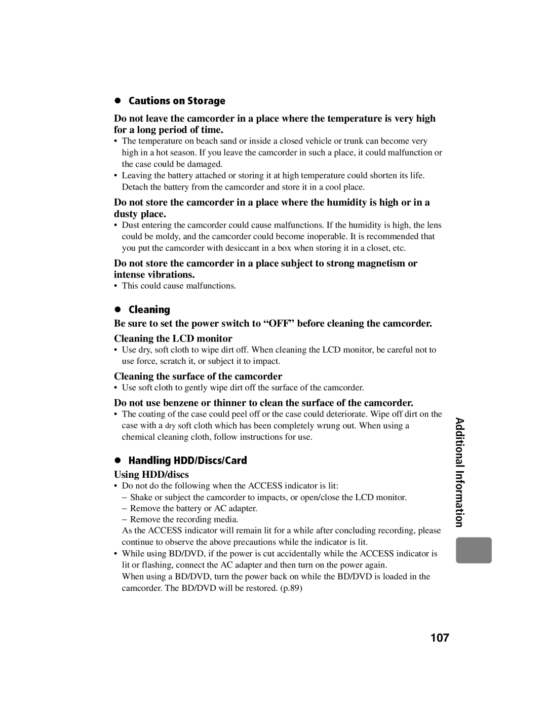 Hitachi DZ-BD10HA instruction manual Cleaning the surface of the camcorder, Handling HDD/Discs/Card, Using HDD/discs 